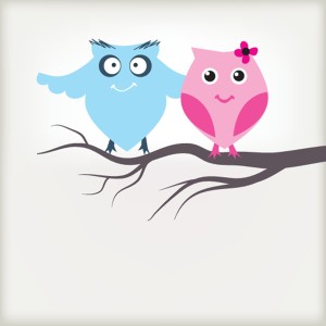 two cute owls on the tree branch